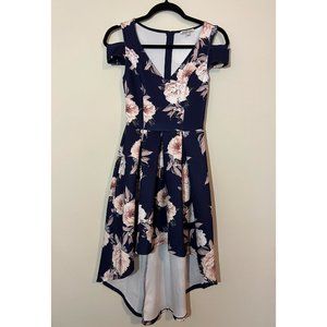 Charlotte Russe High Low Dress Size XS Navy with Pink Flowers Off Shoulder Dress